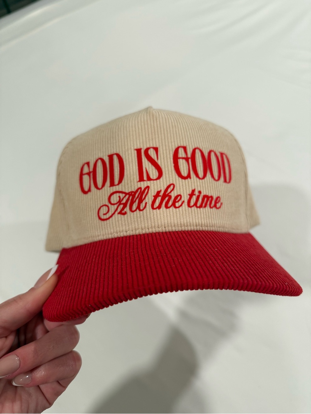 Corduroy Baseball Cap Hat Red God Is Good All the Time Embroidery Christian
